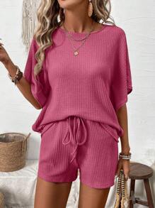 SHEIN LUNE Áo thun và quần short tay cánh dơi màu trơn thường ngày trong kỳ nghỉ 2 cái/bộ - Màu Hồng Tươi - Xem 6