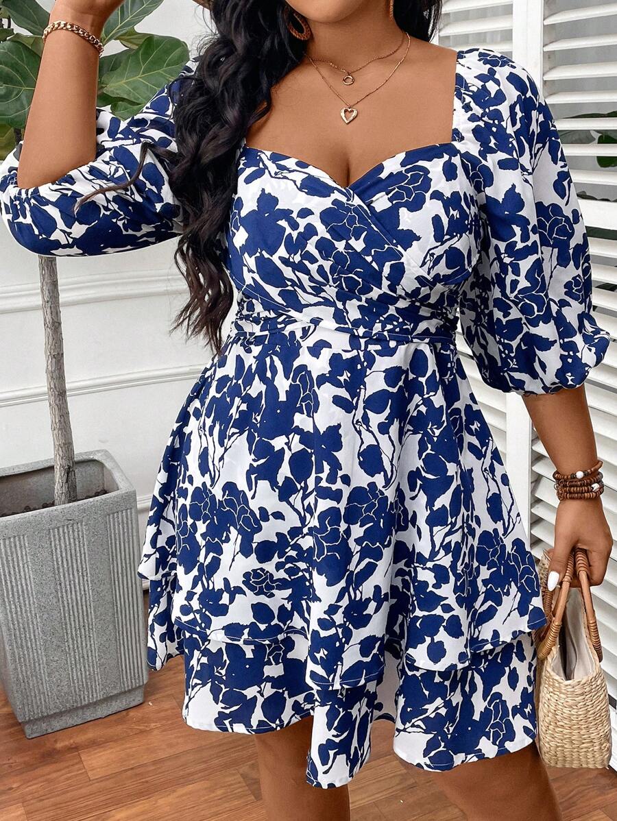 SHEIN VCAY Robe grande taille à manches de lanterne avec encolure ras-du-cou, parfaite pour les vacances