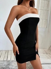 SHEIN PETITE 開衩下擺抹胸貼身短款夏季洋裝，適合嬌小女性 - 黑與白 - 查看 4