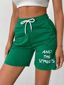 Cottnline Slogan Graphic Drawstring Waist Track Shorts - Green - View 3