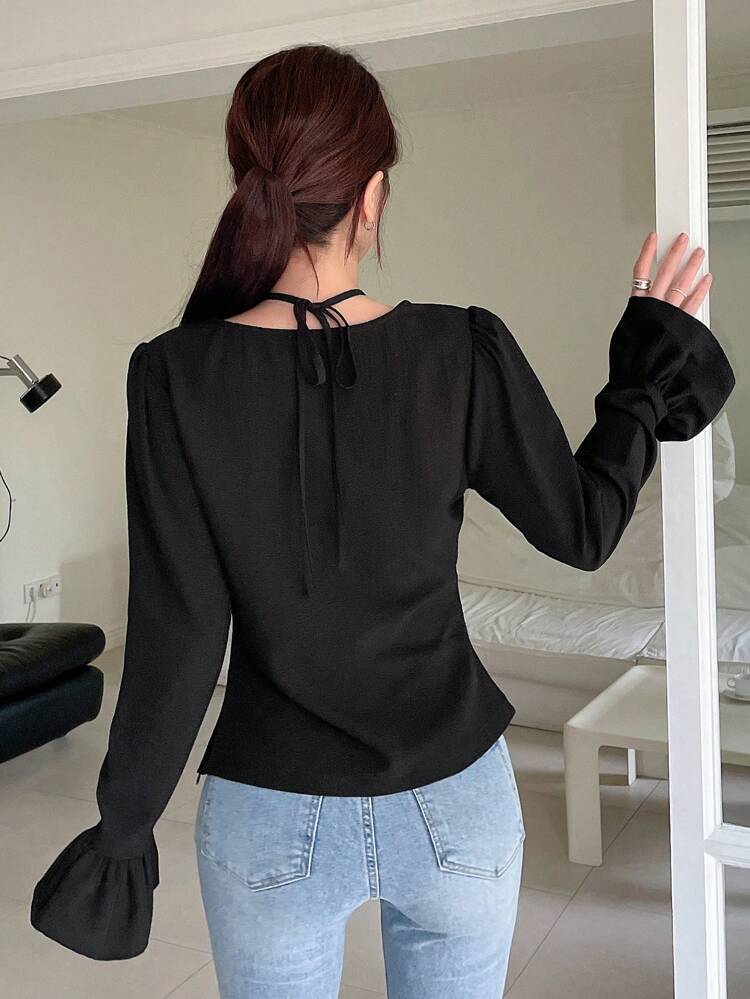 Solid Color Long Sleeve Belted Shirt With 3D Flower Decor For Women,Ruffle