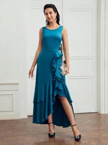 MOTF PREMIUM RHINESTONE DETAIL ASYMMETRICAL LAYERED RUFFLE TRIM DRESS