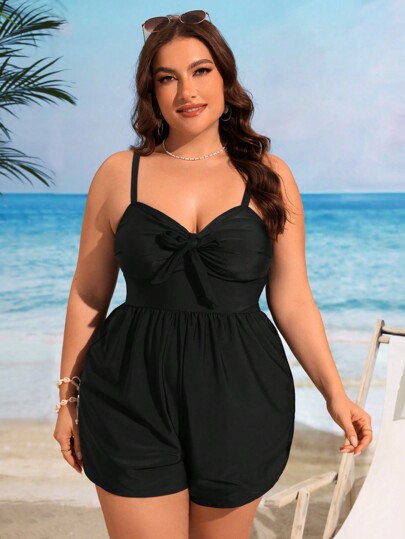 Swim Lushoire Plus Size Women's Solid Color Front Knot Casual One-Piece Swimsuit With Shorts For Beach Vacation,Summer Beach