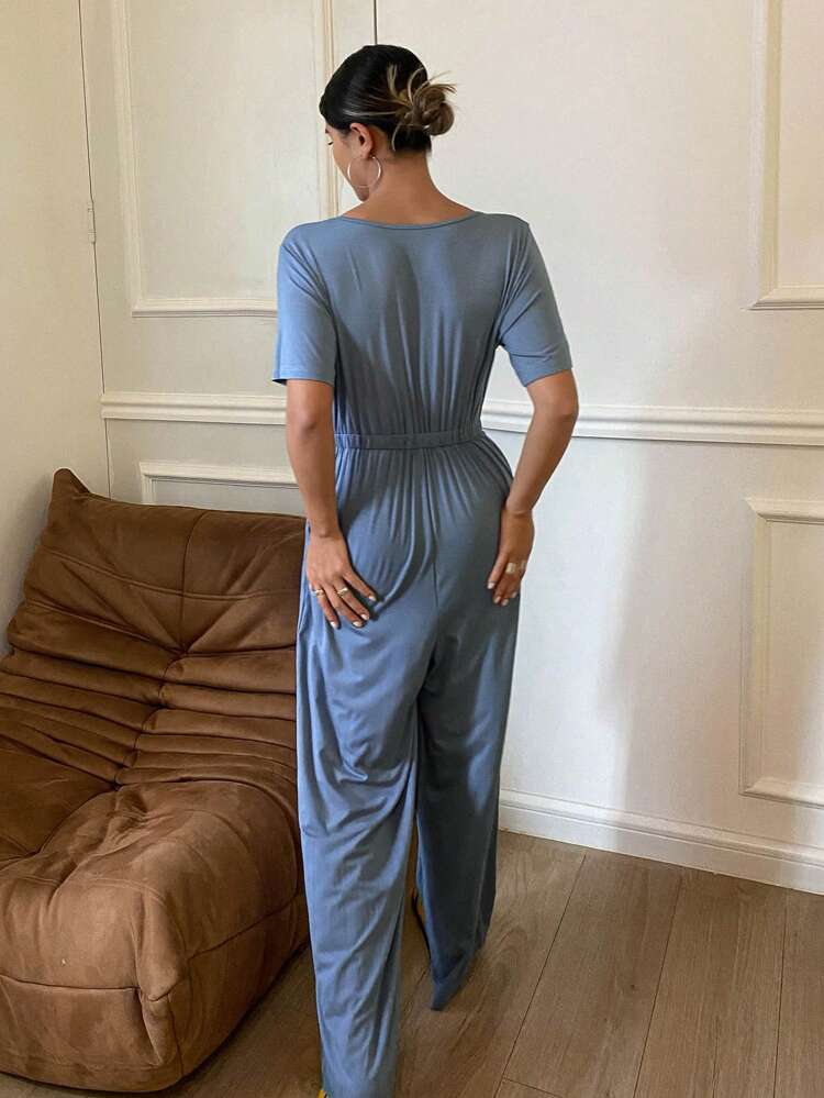 Solid Surplice Neck Cinched Waist Belted Lounge Jumpsuit Pajama