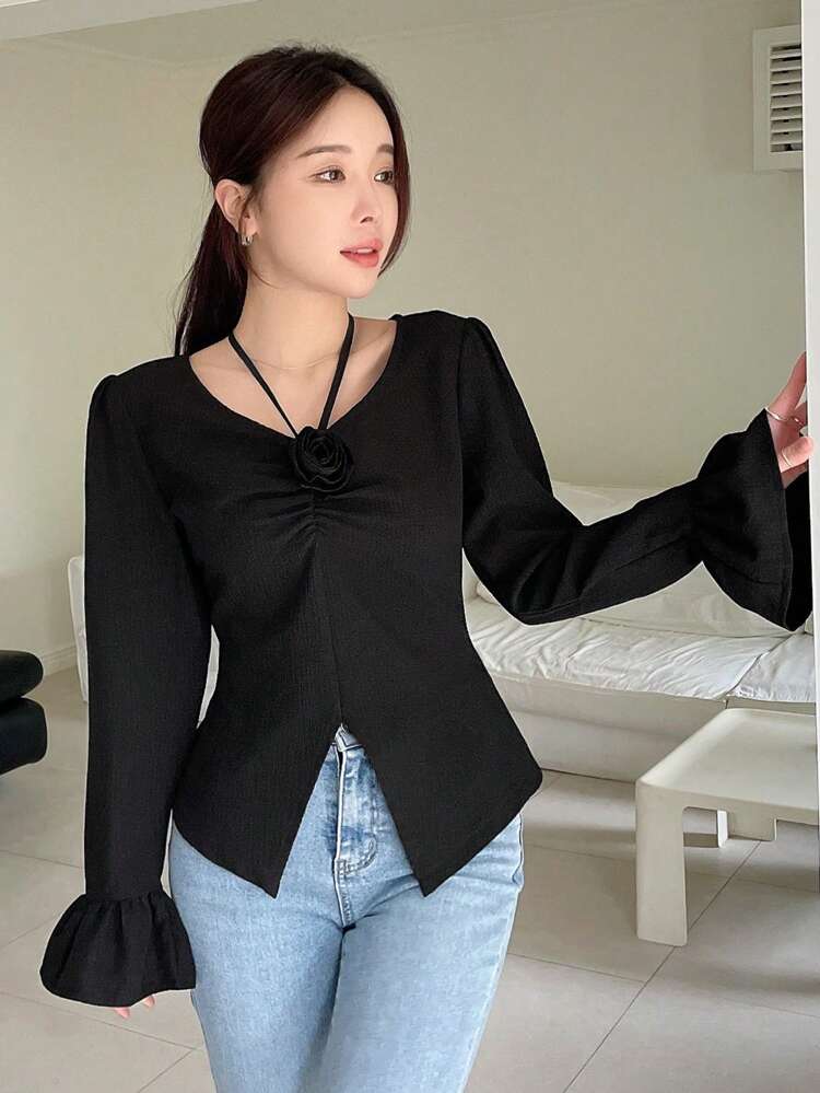 Solid Color Long Sleeve Belted Shirt With 3D Flower Decor For Women,Ruffle