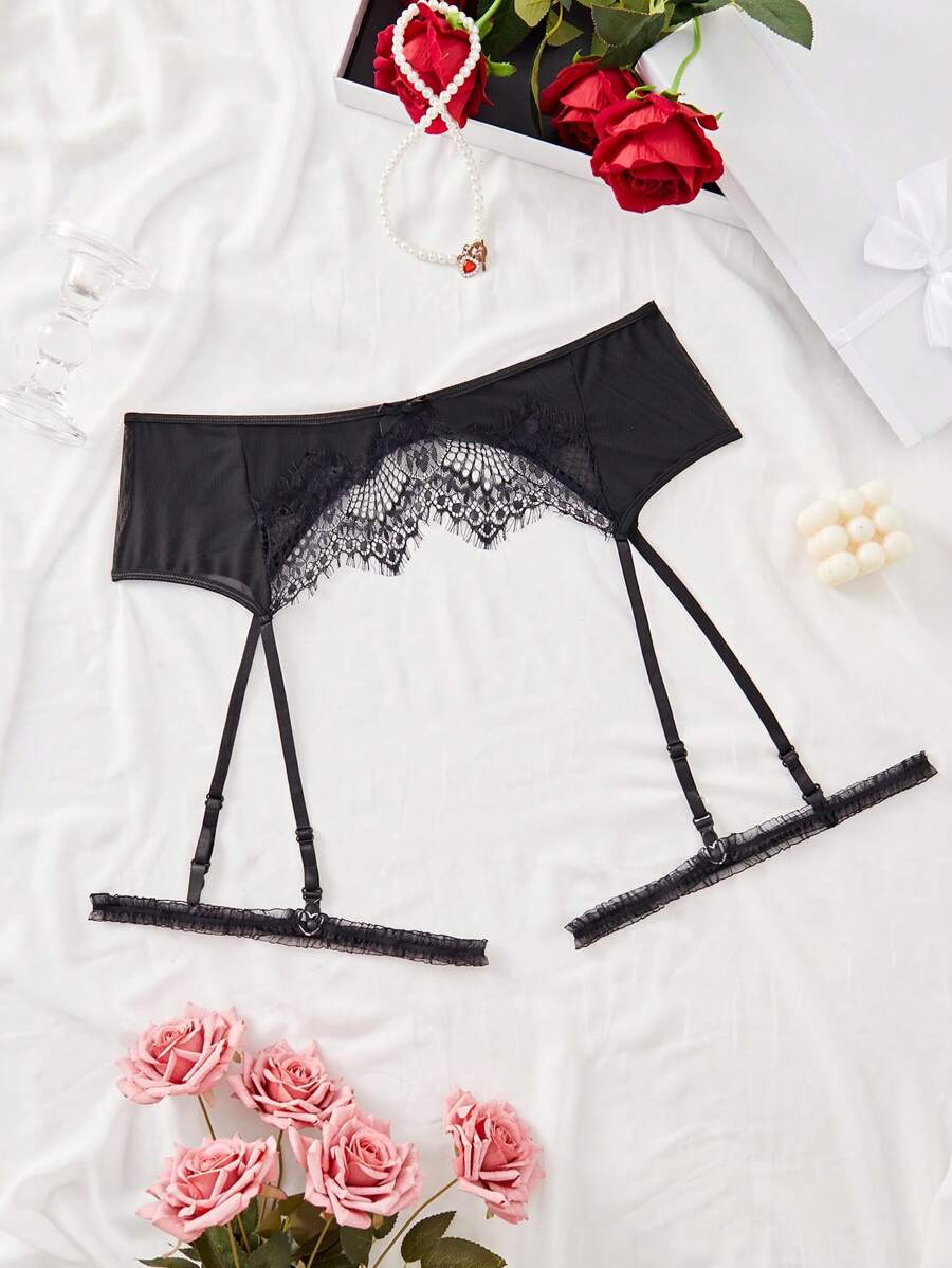 Plus Size Sexy Lace Splice Garter Belt Set With Leg Ring, 3pcs - Black - View 1