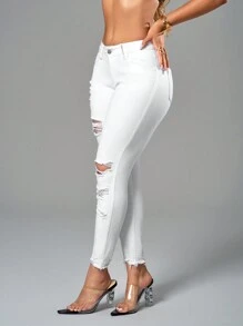 SHEIN SXY Women's Solid Color Skinny Jeans With Distressed Details, For Daily Wear - White - View 6
