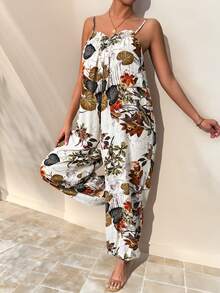 SHEIN Essnce Casual Women Summer Vacation Style Loose Tropical Plant Print Cami Jumpsuit Summer Bloomers Jumpsuit Hawaiian Jumpsuit - Multicolor - View 4