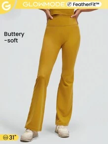 GLOWMODE 31" FeatherFit™ Yoga Flare Leggings Buttery-Soft Tummy Control Fitness Bootleg Trousers - Mustard Yellow - View 2