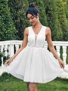 SHEIN Belle Ladies Solid Color Simple Daily/Evening Party Tulle Dress - White - View 1