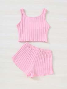 SHEIN Tween Girl Knitted Solid Color Tank Top And Shorts Set With Ribbed Trim, Casual Outfits - Coral Pink - View 2