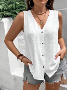 EMERY ROSE Plus Size Women Summer Loose Sleeveless V-Neck Shirt With Single-Breasted Button - White - View 5