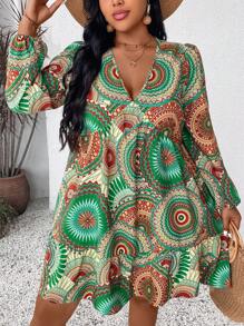 SHEIN VCAY Plus Size Retro Printed Short Dress With V-Neckline For Casual Vacation - Multicolor - View 4