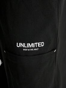 Manfinity VCAY Men's Embroidered English Pattern Baggy Sweatpants With Drawstring, Hip-Hop Style,Stacked Sweatpants - Black - View 5