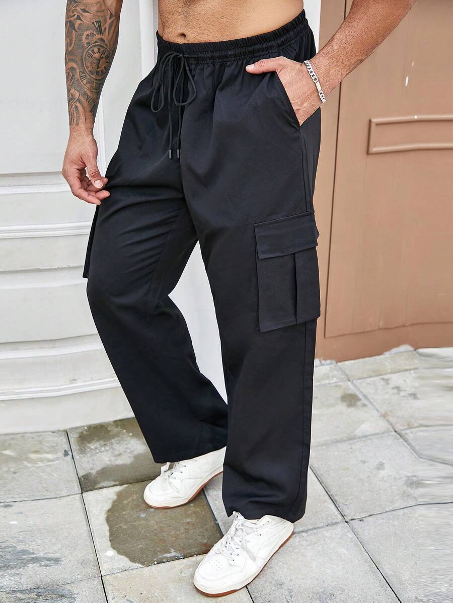 Manfinity Homme Quần Cargo ống đứng cạp rút dây thường ngày cỡ lớn Manfinity dành cho nam - màu đen - Xem 1
