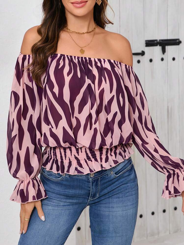 Women's Pleated Off-Shoulder Floral Printed Top