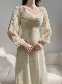 Modelyn 女士春夏優雅長款花紋氣球袖連衣裙 - 杏色 - 查看 3