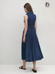 BizChic Waist-Cinching Long Work Dress With Pockets, Turndown Collar, Navy Blue - Navy Blue - View 2