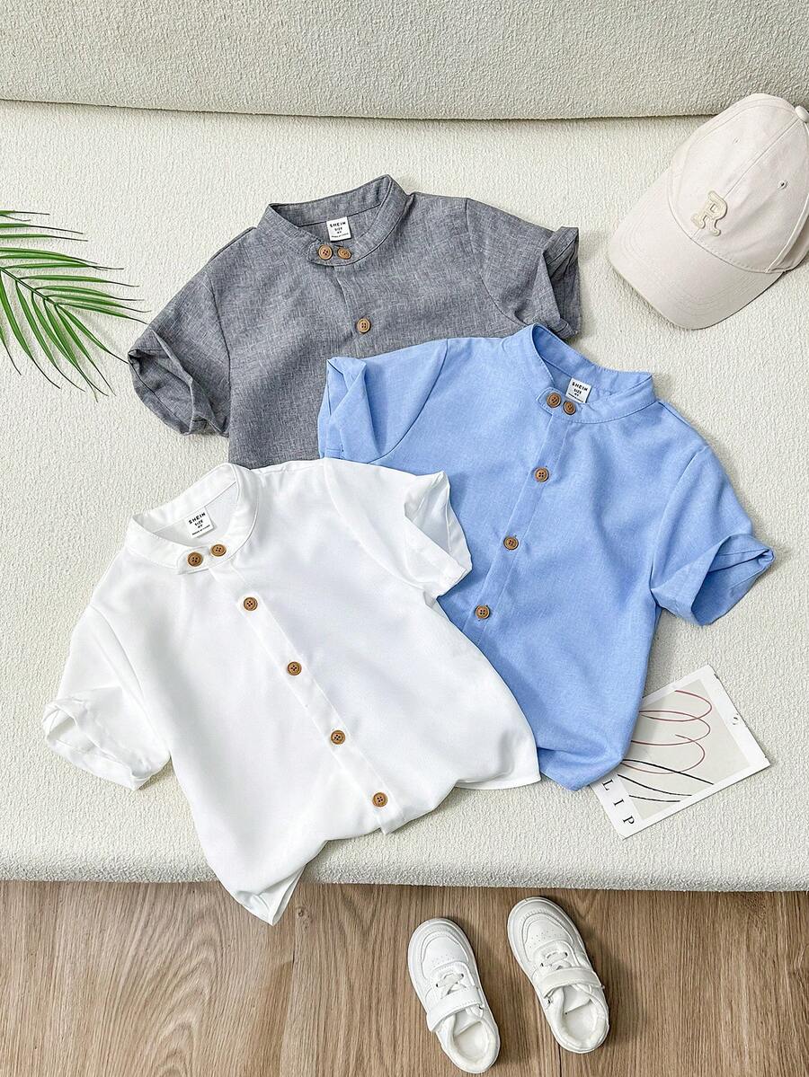 SHEIN 年輕男孩的聰明三件套立領編織實色短袖襯衫 - 彩色 - 查看 1