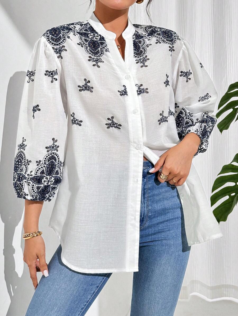 SHEIN Essnce Áo sơ mi giản dị hàng ngày in phong cách cổ điển dành cho nữ - trắng - Xem 1