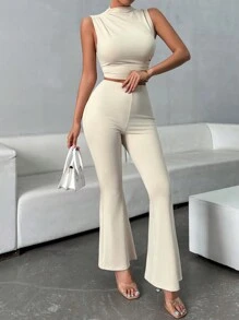 SHEIN Essnce Ladies Casual Apricot Simple & Basic Daily Sleeveless Summer Women Tops Tanks Women & Skinny Flared Pants Two Pieces Airport Outfit Set Old Money Outfits Sets Summer Women  Sets Comfy Sets