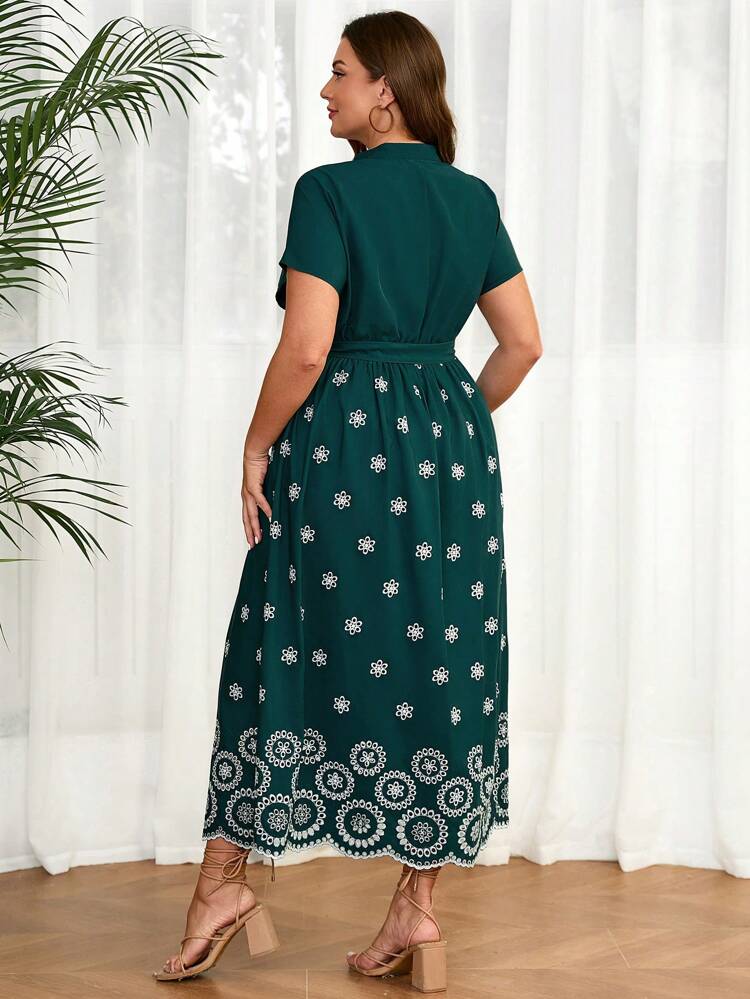 Plus Size Floral Hollow Out Embroidery Patchwork Batwing Sleeve Dress