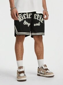 Manfinity NXTstreet Pantalones cortos casuales con cordón y estampado de letras, sencillos, para uso diario de hombres - Negro - Ver 5