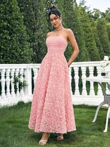 SHEIN Belle 女士纯色优雅浪漫泡泡袖连衣裙露肩鸡尾酒会礼服舞会半正式婚礼宾客礼服，适合生日、毕业典礼、晚宴、返校节 - 淺粉色 - 查看 6