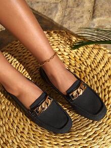 CUCCOO BASICS Chain Decor Stitch Detail Flat Loafers Vacation Shoes Summer - Black - View 6