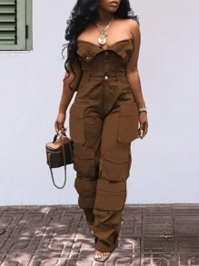 Jumpsuit Wanita Polos dengan Kantong Samping Model Tube - Coklat - View 5