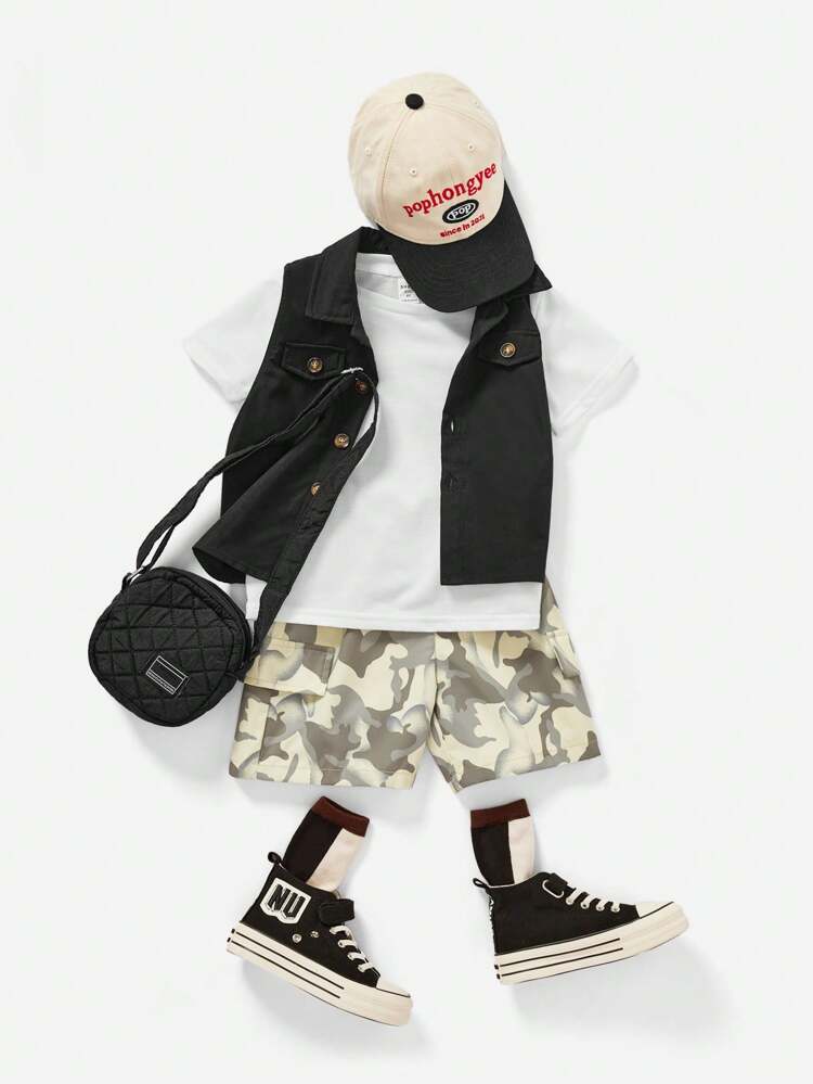 Young Boy 3pcs/Set Casual Breathable Short Sleeve T-Shirt, Cool Utility Vest And Camo Shorts, Suitable For Spring & Summer, Street, School And Outdoor Activities