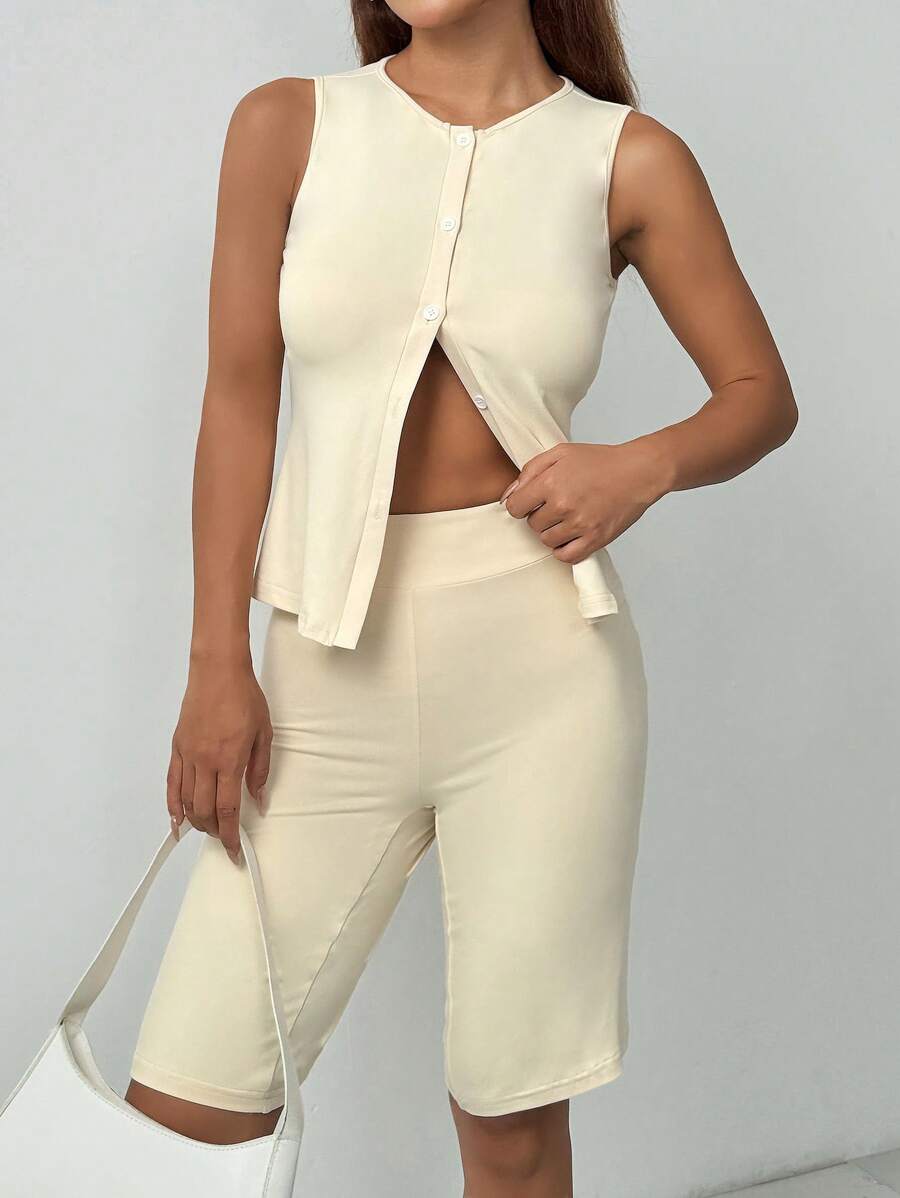 SHEIN Essnce Frauen Sommer Ärmellos Cardigan & Bermuda Shorts, Lässig Sport 2 Stücke Set - Aprikosenfarben - Übersicht 1