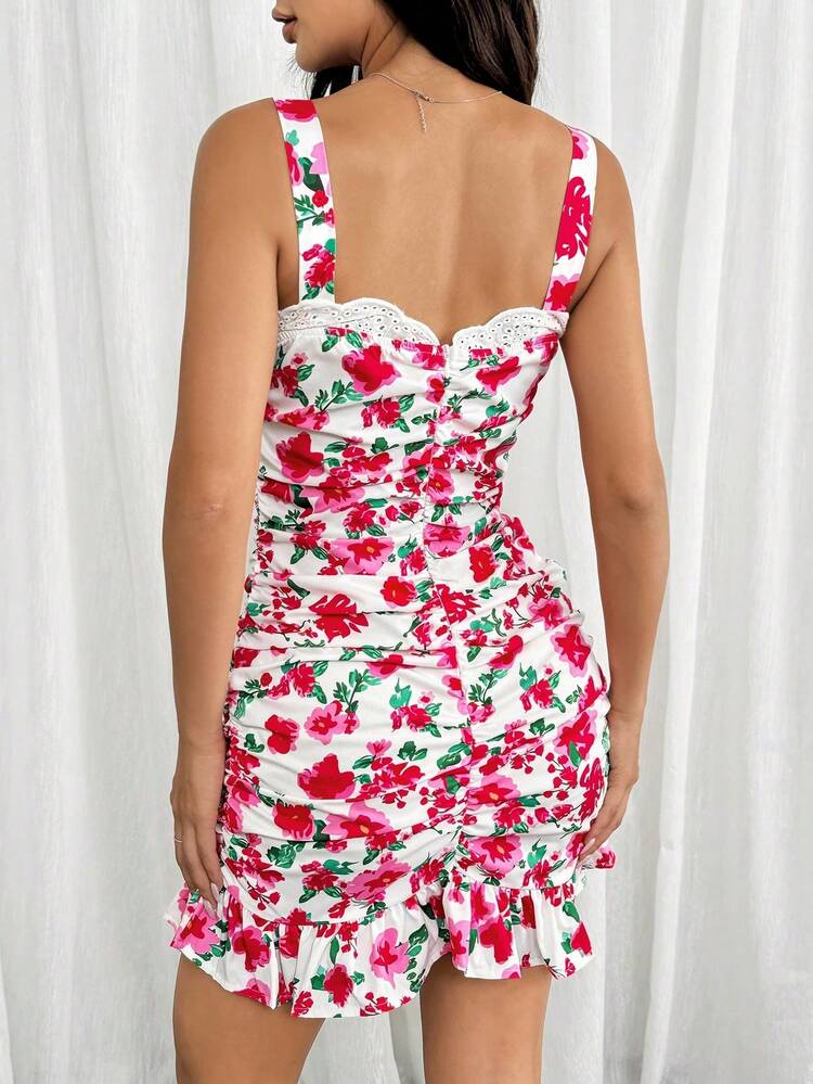 Floral Allover Print Ruched Slim Fit Cami Dress For Women, Summer