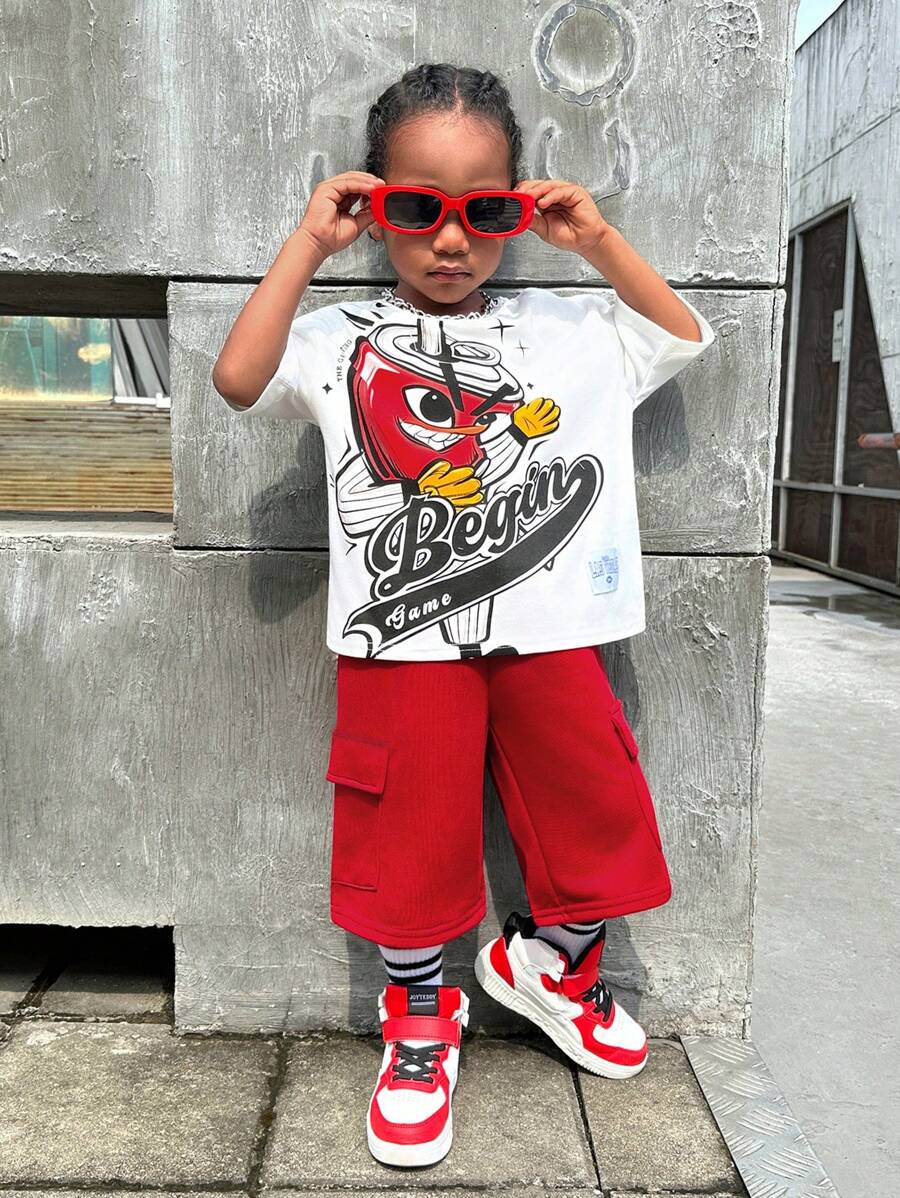 SHEIN Leap Crew SLAYR KIDS 男童休闲宽松印花短袖上衣，侧边贴袋，搭配梭织短裤套装 - 白色 - 查看 1