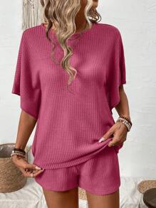 SHEIN LUNE Áo thun và quần short tay cánh dơi màu trơn thường ngày trong kỳ nghỉ 2 cái/bộ - Màu Hồng Tươi - Xem 4