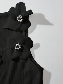 SHEIN Unity 女式夏季无袖上衣，带有 3D 花朵装饰和修身圆领图案 T 恤女式上衣 - 黑色 - 查看 5