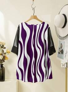 Kemeja Patchwork Bergaris Asimetris Leher Bulat Modis untuk Wanita Ukuran Plus - Purple - View 2