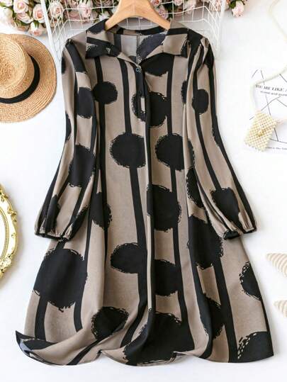 Linhara Plus Size Women's Big Polka Dot Printed Shirt Dress Fall Cloth For Women