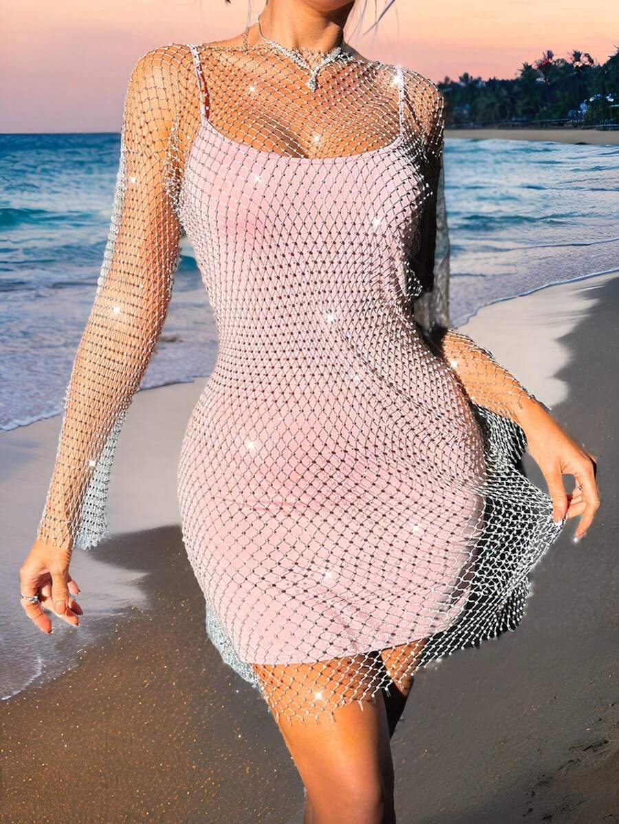 VaVaBold Ladies' See-Through Long Sleeve Mesh Dress + Solid Color Spaghetti Strap Dress (2 Pieces Set) - Baby Pink - View 1