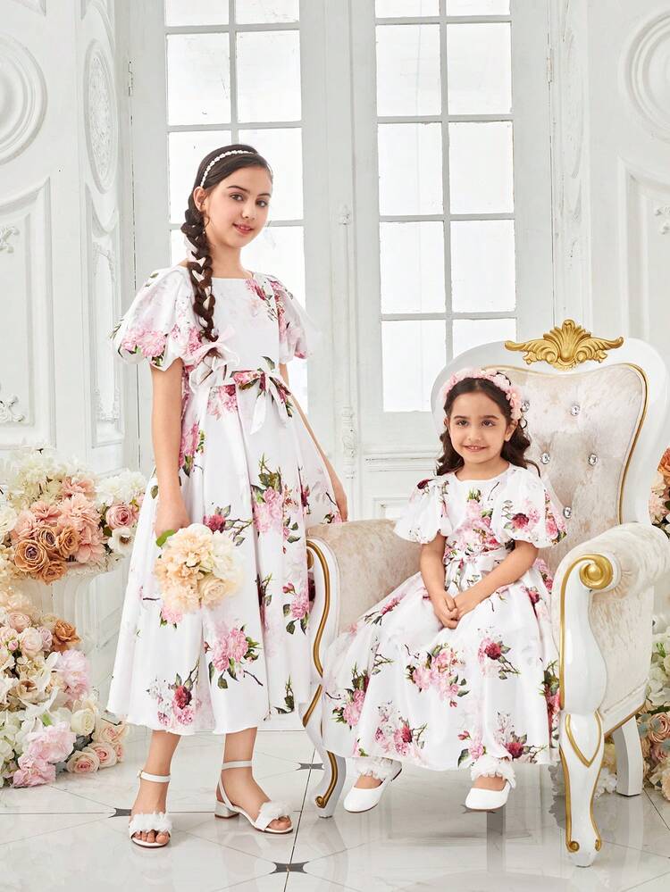 Tween Girl Loose Cute Round Neck Puff Sleeve Floral Pattern Mid-Long Dress