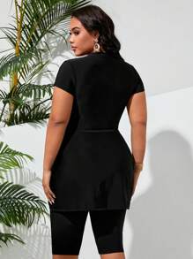 Swim Mulvari Plus Size Solid Color One-Piece Kortärmad Baddräkt med dragkedja