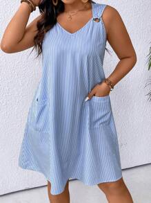 Elenzga Plus Size Women's Striped Sleeveless Straight Casual Dress With Two Pockets, Summer - Blue - View 5