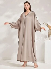Al Najma Women's Solid Color V-Neck Batwing Sleeve Loose Straight Turkish With Long Sleeve Modest Kaftan Arabian Dress - Khaki - View 7