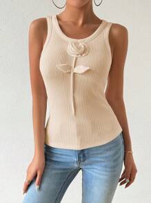 Zielony Camiseta sin mangas de punto acanalado de unicolor con parche en el cuello redondo para uso casual en verano