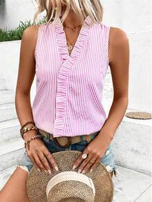 SHEIN LUNE Blusa sin mangas con estampado de rayas y ribete de volantes para mujeres, ideal para vacaciones y ocasiones informales - Rosa - Ver 4