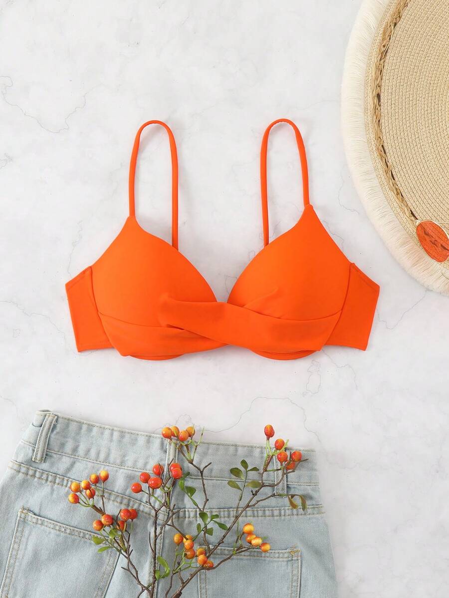 SHEIN Swim Women's Fashionable Solid Underwire Cross Design Bikini Top, Summer Beach Bathing Suit