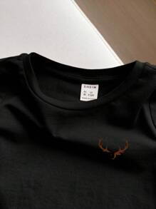 SHEIN Baby Boy Casual Cartoon Animal Pattern Soft Knitted Round Neck Short Sleeve Top - Black - View 4