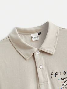 FRIENDS X SHEIN Men's Casual Letter Printed Short Sleeve Polo Shirt, Summer - Apricot - View 4