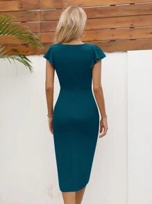 Damklänning med volangärm, hjärtformad, rynkad, omlott, slits, bodycon, festklänning, cocktailklänning, elegant midiklänning, examensklänning, bröllopsgäst - Blågrön - Visa 3