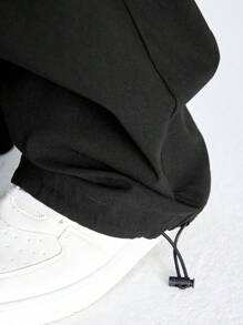 Manfinity VCAY Men's Embroidered English Pattern Baggy Sweatpants With Drawstring, Hip-Hop Style,Stacked Sweatpants - Black - View 6